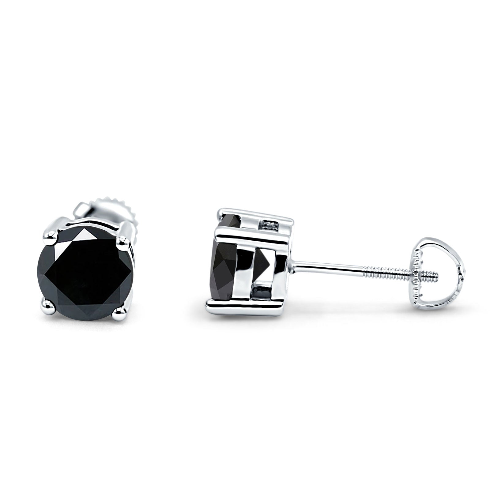 4mm Solitaire Screw Back Stud Earring Round Simulated Black CZ Solid 925 Sterling Silver