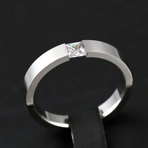 4mm Square Cut AAA CZ Band Women's Stainless Steel Silver Brushed Ring Size 5-11