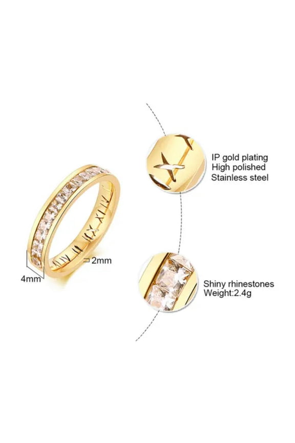 4mm Stainless Steel Hollow Roman Numerals Band Women Half Round Cz Ring Size 6-8