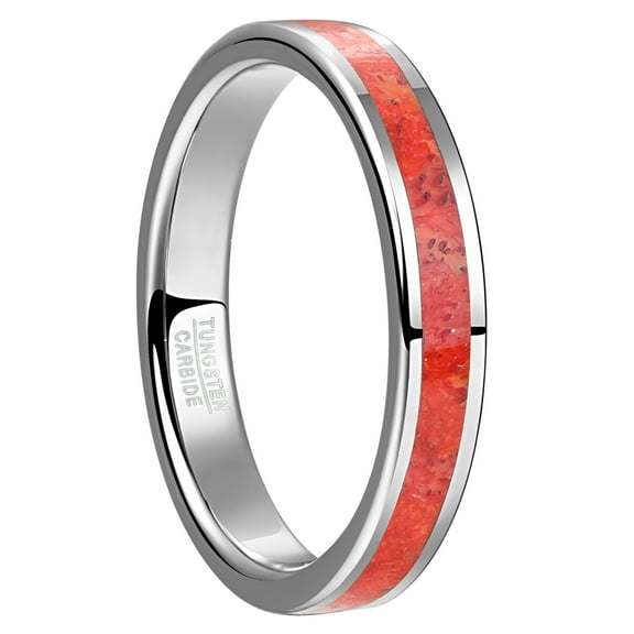 4mm Steel Color Tungsten Carbide Ring for Unisex Red Grass Coral Inlay Size 7-12