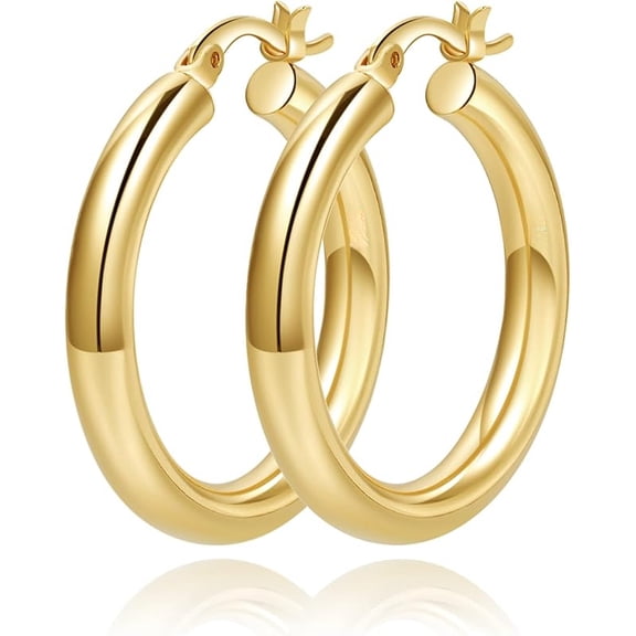 4mm Thick Gold Chunky Earrings Steling Silver Post Hoops Earrings For Women Hollow Tube Hoops Earrings Thick Gold Hoop Earrings Hypoallergenic Lightweight Gold Hoop Large Earrings 20/30/40/50/60MM