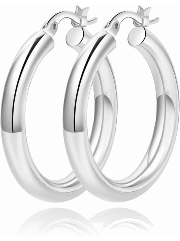 4mm Thick Silver Chunky Earrings Steling Silver Post Hoops Earrings For Women Hollow Tube Hoops Earrings Thick Silver Hoop Earrings Hypoallergenic Lightweight Silver Hoop Large Earrings 30MM