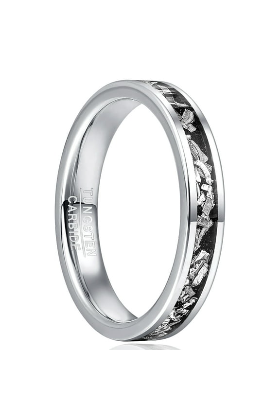 4mm Tungsten Carbide Ring for Men Women Steel Color Inlaid Meteorite Fragment Flat Ring