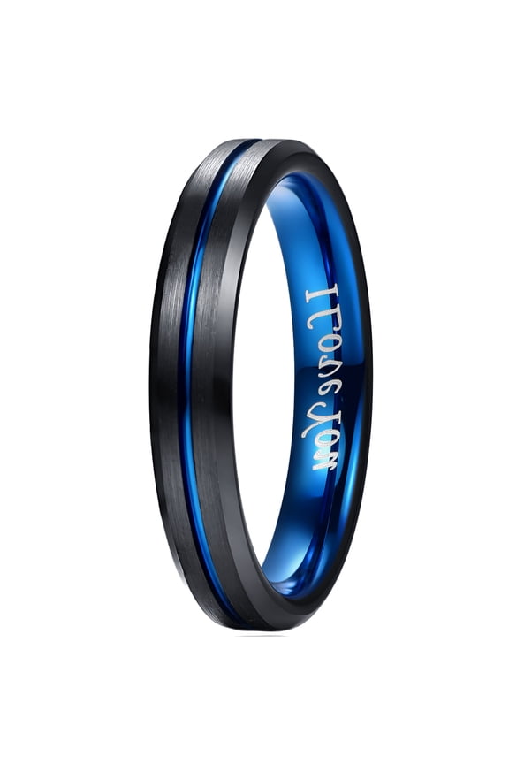 4mm Tungsten Ring for Unisex Blue Groove Wedding Bands Beveled Edges Engraved I Love You Size 5 to 12