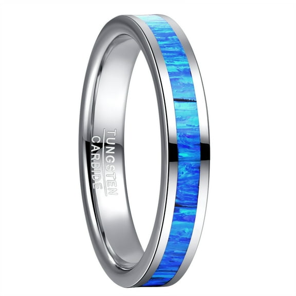 4mm Tungsten Rings for Women Blue Opal Inlay Wedding Rings Polished Band Size 5-10