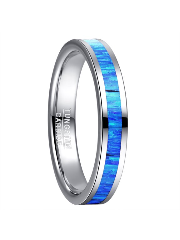 4mm Tungsten Rings for Women Blue Opal Inlay Wedding Rings Polished Band Size 5-10