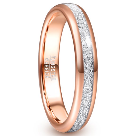 4mm Tungsten Wedding Bands Ring for Women Rose Gold Promise Rings with Imitation Meteorite Inlay Dome Engagement Band