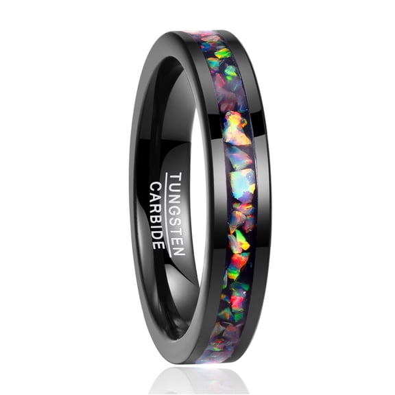 4mm Unisex Black Tungsten Rings Inlaid with Crushed Created-Opal Wedding Engagement Band