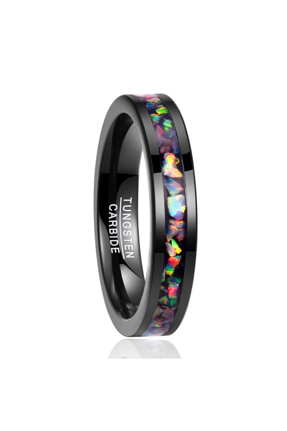 4mm Unisex Black Tungsten Rings Inlaid with Crushed Created-Opal Wedding Engagement Band