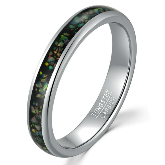 4mm Unisex Silver Tungsten Rings Inlaid with Crushed Created-Opal Wedding Engagement Band
