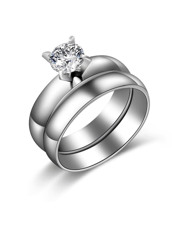 Silver Tone Stainless Steel Wedding Ring Set for Women 4mm Clear CZ Engagement Ring and Band Size 6 Bridal Gift by Ginger Lyne