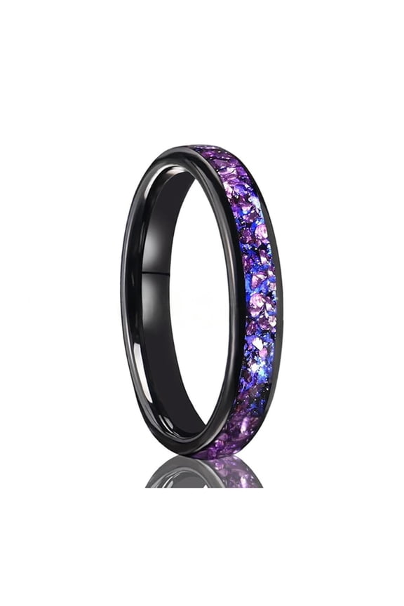 4mm Wide Arc Polished Electric Black with Purple Crystal Blue Nebula Tungsten Gold Ring