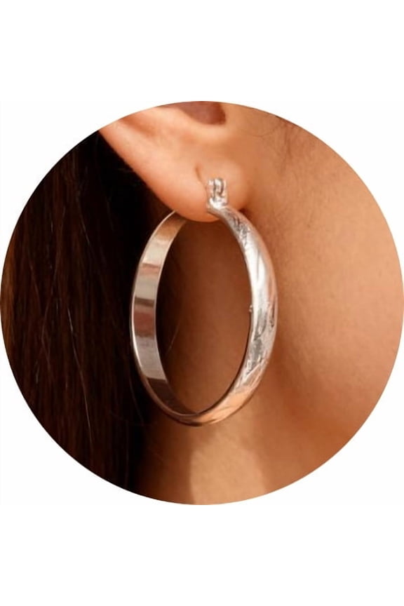 4mm Wide Chunky Gold Hoop Earrings for Women Gold Plated Ripples Designed Sterling Silver Post Hoops Earring Hypoallergenic Lightweight Large Silver Hoop Earrings for Women (30/40/50/60mm)