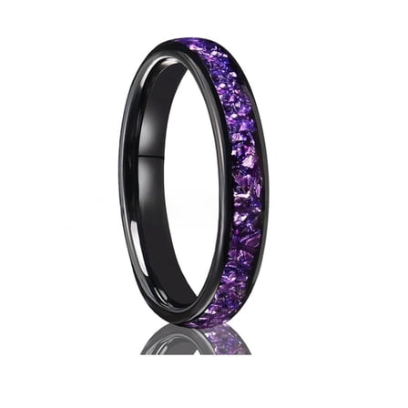 4mm Wide Curved Polished Electric Black with Purple Crystal Tungsten Gold Ring