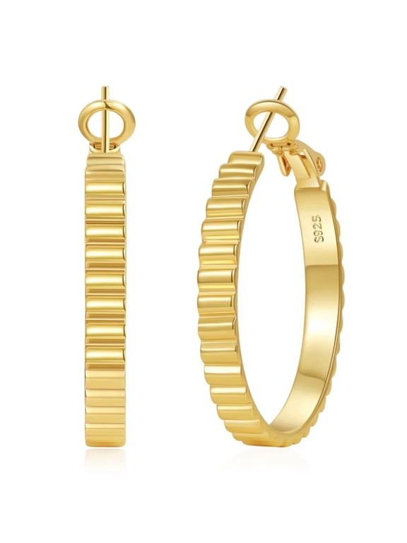 14K Gold Plated Hoop Earrings for Women, Hypoallergenic Lightweight Big Ribbed Hoops Earring, Jewelry Gifts