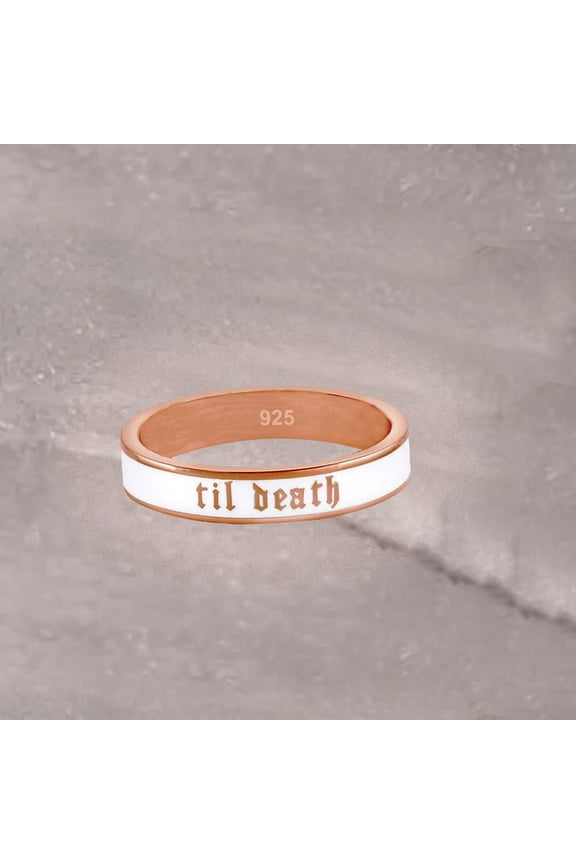 4mm Wide Til Death White Enamel Band Ring, Promise Ring, Gift for Her, Gift for Him, Anniversary and Wedding Ring - 925 Sterling Silver