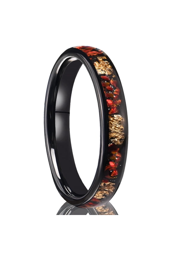 4mm Wide Tungsten Carbide Black Ring with Red Opal and Gold Flake Inlay Tungsten Couple Ring