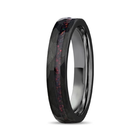 4mm Wide Tungsten Steel Flat Hammered Electro Black Ring with Red Opal Tungsten Gold Ring