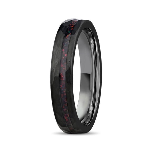4mm Wide Tungsten Steel Flat Hammered Electro Black Ring with Red Opal Tungsten Gold Ring