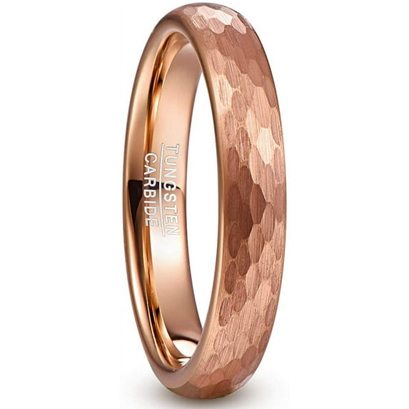 4mm Women's Rose Gold Hammered Tungsten Ring Multifaceted Wedding Band Brushed Finish