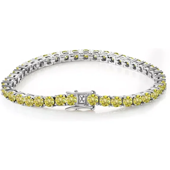 4mm Yellow Cubic Zirconia Tennis Bracelet, Round Cut, 14K White Gold Over 925 Sterling Silver, 6-8 Inch Adjustable Jewelry