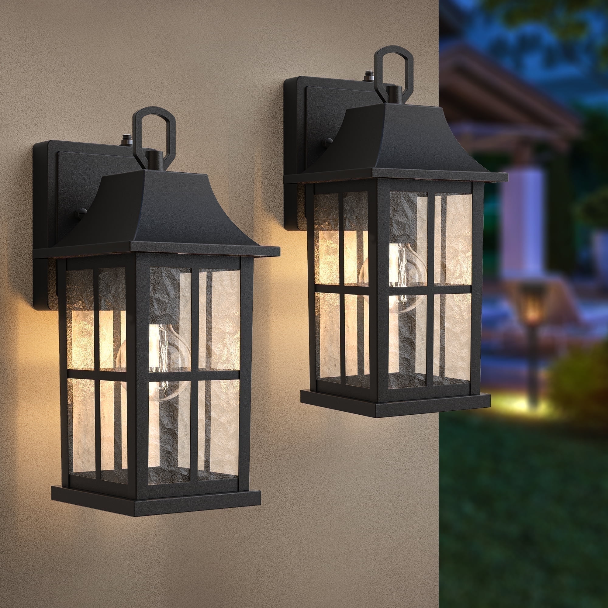 Maxax 2-Pack Black Outdoor Wall Lights, Waterproof Dusk-to-Dawn Exterior Wall Lanterns with Ripple Glass for Porch, Garage, Entryway, Patio