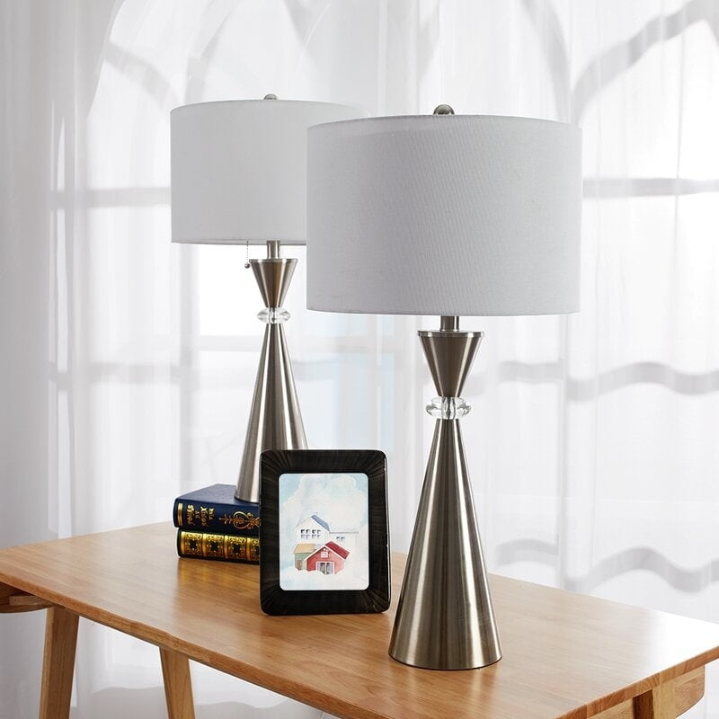 28.25" Nickel Table Lamp Set with USB and Linen Shade