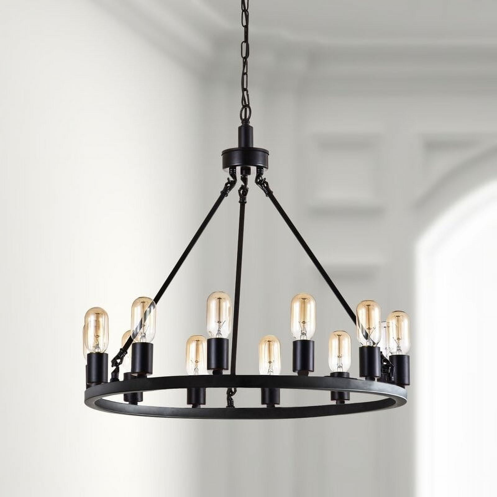 Black Metal 12-Light Wagon Wheel Chandelier with Candle Bulbs
