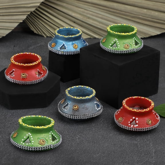4our faith 6 pc matki wax filled diya set: colorful handpainted terracotta diyas for diwali pooja & decoration | unique indian gift for celebrations