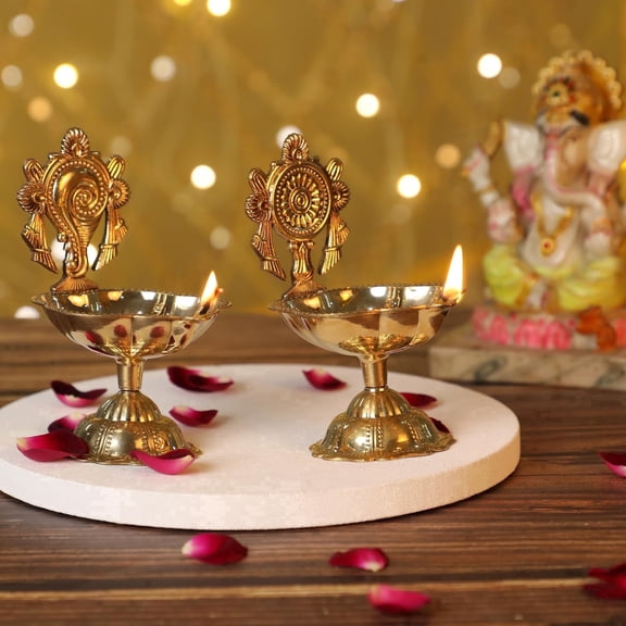 4our Faith Brass Shankh and Chakra Diya Set, Traditional Oil Lamps for Pooja, Aarti, Diwali Decor and Home Temple, Pack of 2
