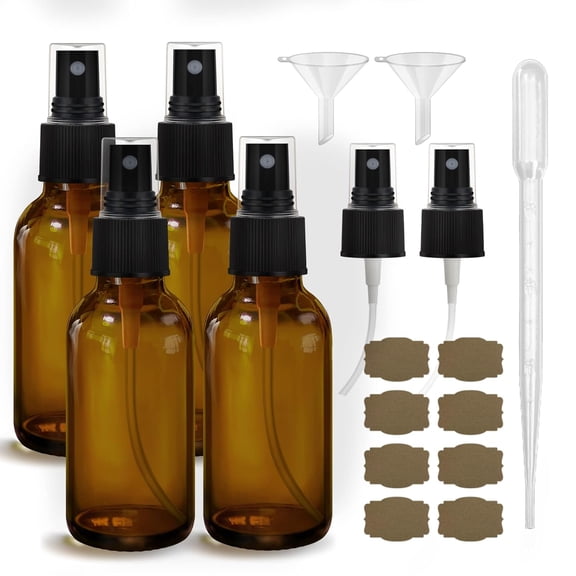 4oz Amber Glass Spray Bottles 4-Pack, Small Empty Fine Mist Travel Sprayer Set with 6 Sprinklers, 2 Funnels, 1 Dropper, 8 Labels, Mini Refillable Liquid Containers for Essential Oils, 4 oz