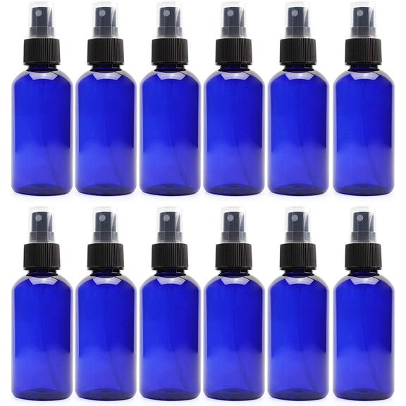 4oz Blue PLASTIC Fine Mist Spray Bottles (Pack of 12) BPA-Free Plastic Spritzer Bottles, Labels Included; PET #1 Plastic Bottles