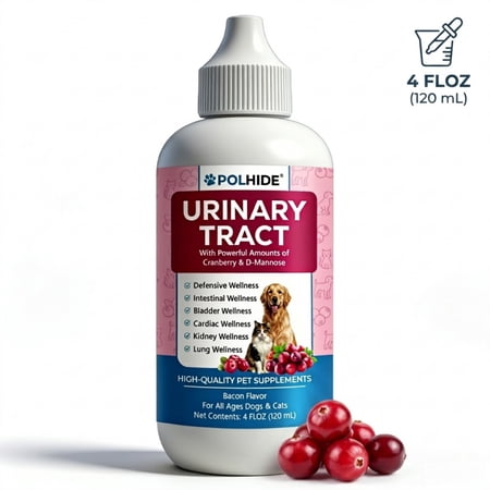 POLHIDE Cranberry Urinary Tract Supplement for Dogs and Cats, Kidney Bladder Health, D-Mannose, Bacon Flavor, 4 fl oz