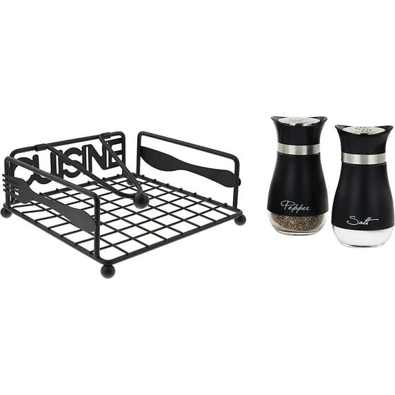 Servette Home Cuisine Napkin Holder with Weight & Black Salt and Pepper Shakers Set