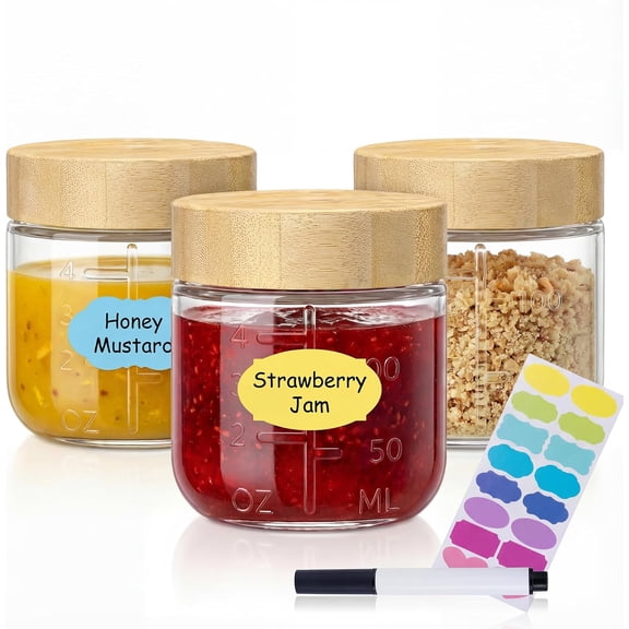 4oz Glass Salad Dressing Containers with Bamboo Lids - 3 Pack Small Airtight Condiment Cups, Leakproof Mini Sauce Jars for Picnic, Ketchup, Dip & Snacks, BPA-Free & Dishwasher Safe