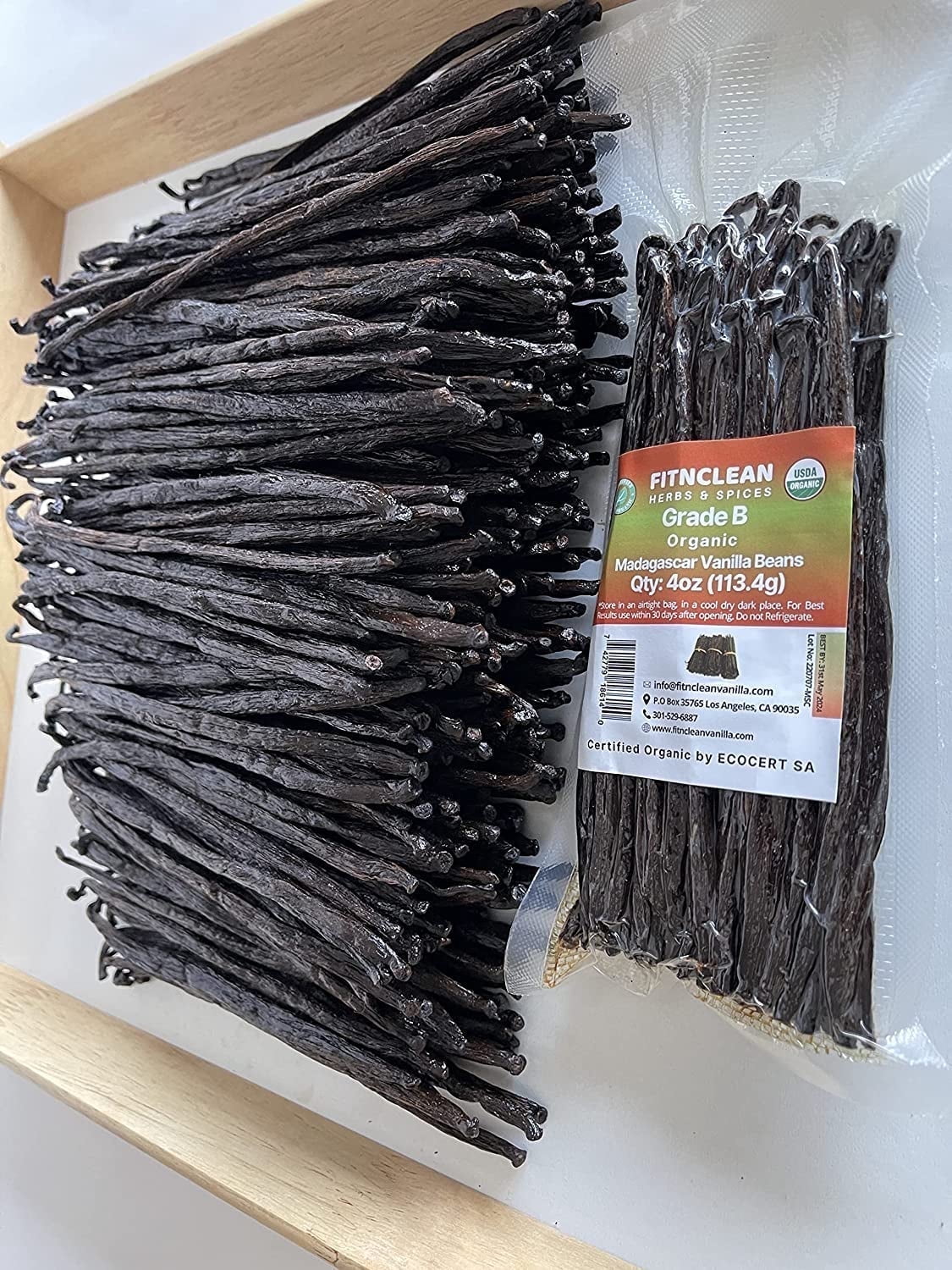 4oz Madagascar Organic Vanilla Beans B Grade. Certified USDA Organic. 5"-8" by FITNCLEAN VANILLA for extract, Cooking and Baking| 1/4Lb Whole NON-GMO Pods