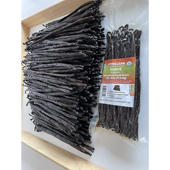 4oz Madagascar Organic Vanilla Beans B Grade. Certified USDA Organic. 5"-8" by FITNCLEAN VANILLA for extract, Cooking and Baking| 1/4Lb Whole NON-GMO Pods