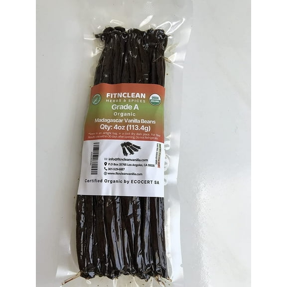 4oz Organic Madagascar Vanilla Beans Grade A. Certified USDA Organic. 6"-8" by FITNCLEAN VANILLA. Bulk for Extract, Cooking and Baking by the Weight 0.25 Pound (1/4Lb) Bourbon Fresh NON-GMO Pods