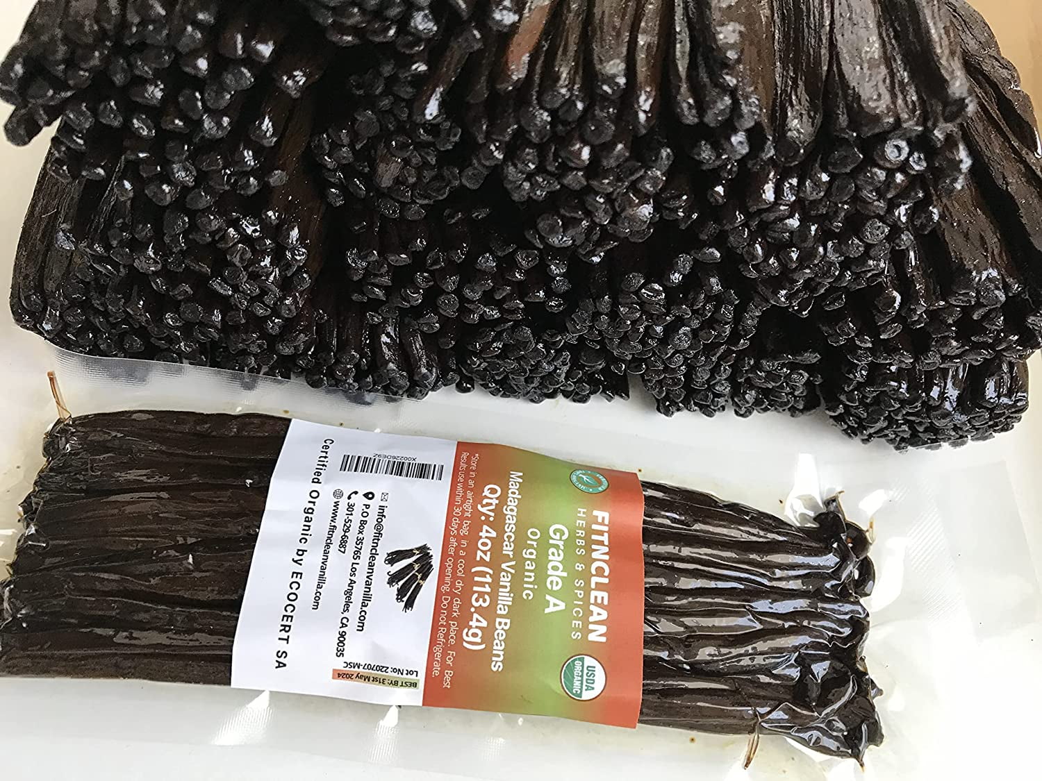 4oz Organic Madagascar Vanilla Beans Grade A. Certified USDA Organic. 6"-8" by FITNCLEAN VANILLA. Bulk for Extract, Cooking and Baking by the Weight 0.25 Pound (1/4Lb) Bourbon Fresh NON-GMO Pods