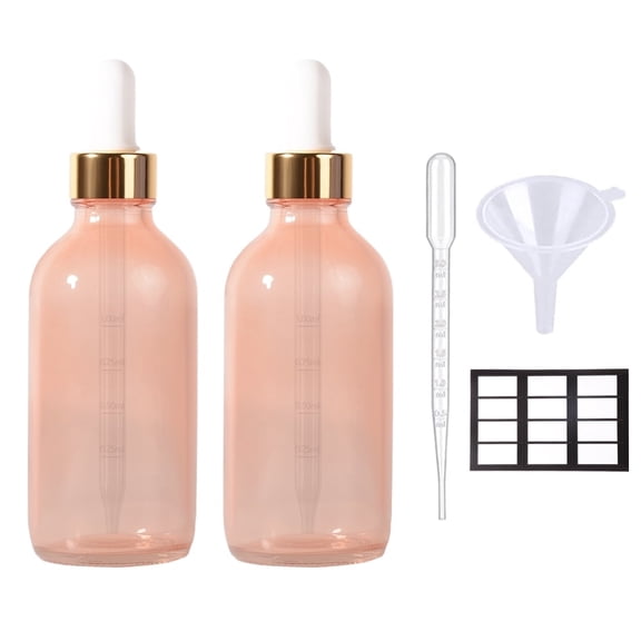 4oz Pink Glass Dropper Bottles,Tincture Bottles with Measured Dropper for Essential Oils,with Funnel,Golden Cap,Stopper& Labels,2Pack