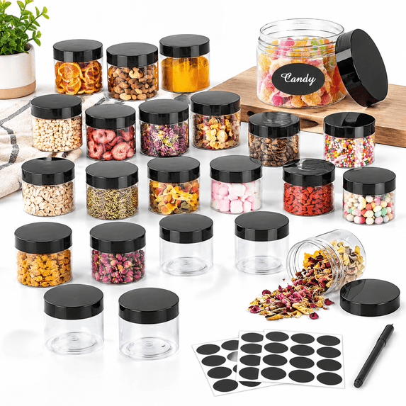 Kitchen Plastic Container 4oz Plastic Jars 48pcsroundr Container With Black Lids Stackable Empty ...