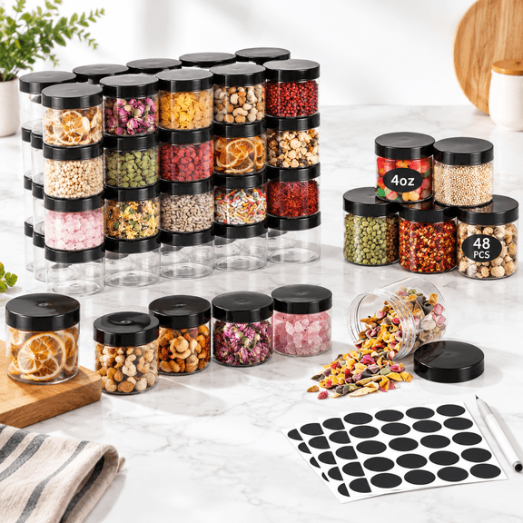 4oz Plastic Jars 48pcsroundr Container With Black Lids Stackable Empty Slime Jar Refillable Airtight Travel Storfor Kitchen Beaut