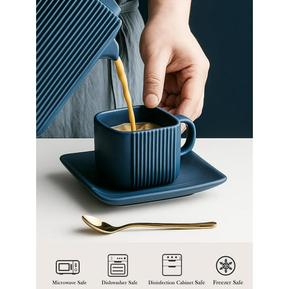 4oz Square Ceramic Espresso Cup and Saucer Set – Modern Deep Blue Cappuccino Latte Coffee Mug with Plate – Small Demitasse Drinkware for Home Café Restaurant – Dishwasher & Microwave Safe