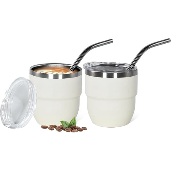 4oz Stackable Cup, Vacuum Insulated Espresso Cup Set of 2, Espresso Shot Glass for Coffee, Double Wall Stainless Steel Mini Tumbler Shot Glasses with Straw and Lid