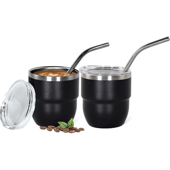 4oz Stackable Cup, Vacuum Insulated Espresso Cup Set of 2, Espresso Shot Glass for Coffee, Double Wall Stainless Steel Mini Tumbler Shot Glasses with Straw and Lid