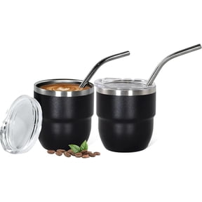 4oz Stackable Cup, Vacuum Insulated Espresso Cup Set of 2, Espresso Shot Glass for Coffee, Double Wall Stainless Steel Mini Tumbler Shot Glasses with Straw and Lid