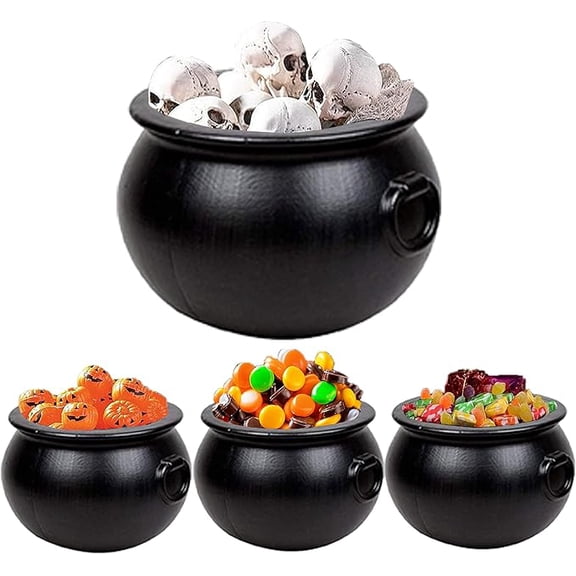 4p-16,(3) 8" Halloween Cauldron Pot Kettle, Black Plastic Witch Cauldron bowl, candy bucket, Indoor & Outdoor Decorations