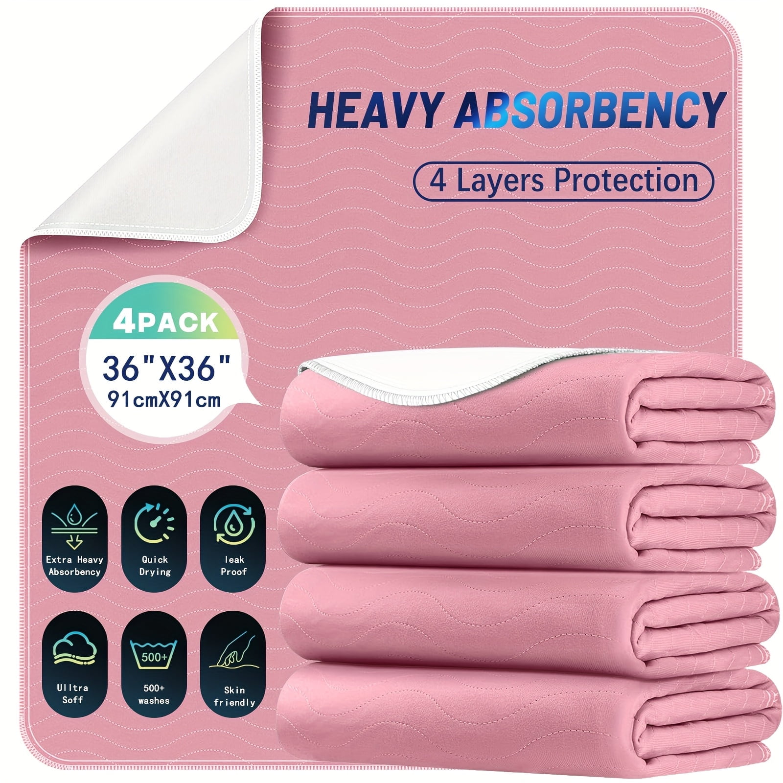 4pack/1pack 36” x 36” Extra Heavy Absorbency Washable Underpads, Waterproof Quick Drying Nursing Pads Incontinence Bed Pads, Reusable Washable Pee Pads for Dogs, Diaper Changing & Adults