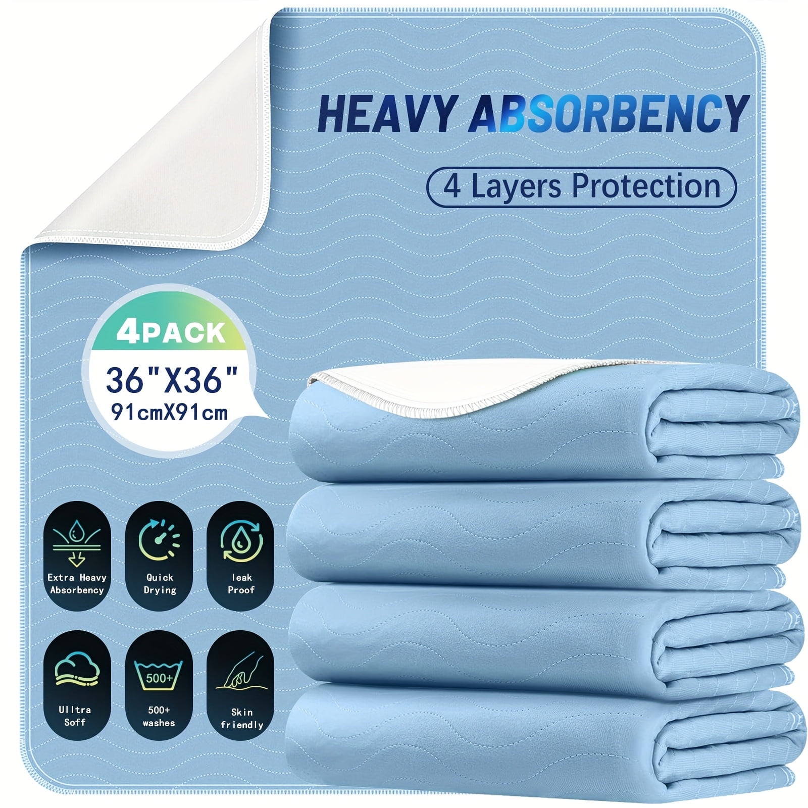 4pack/1pack 36” x 36” Extra Heavy Absorbency Washable Underpads, Waterproof Quick Drying Nursing Pads Incontinence Bed Pads, Reusable Washable Pee Pads for Dogs, Diaper Changing & Adults