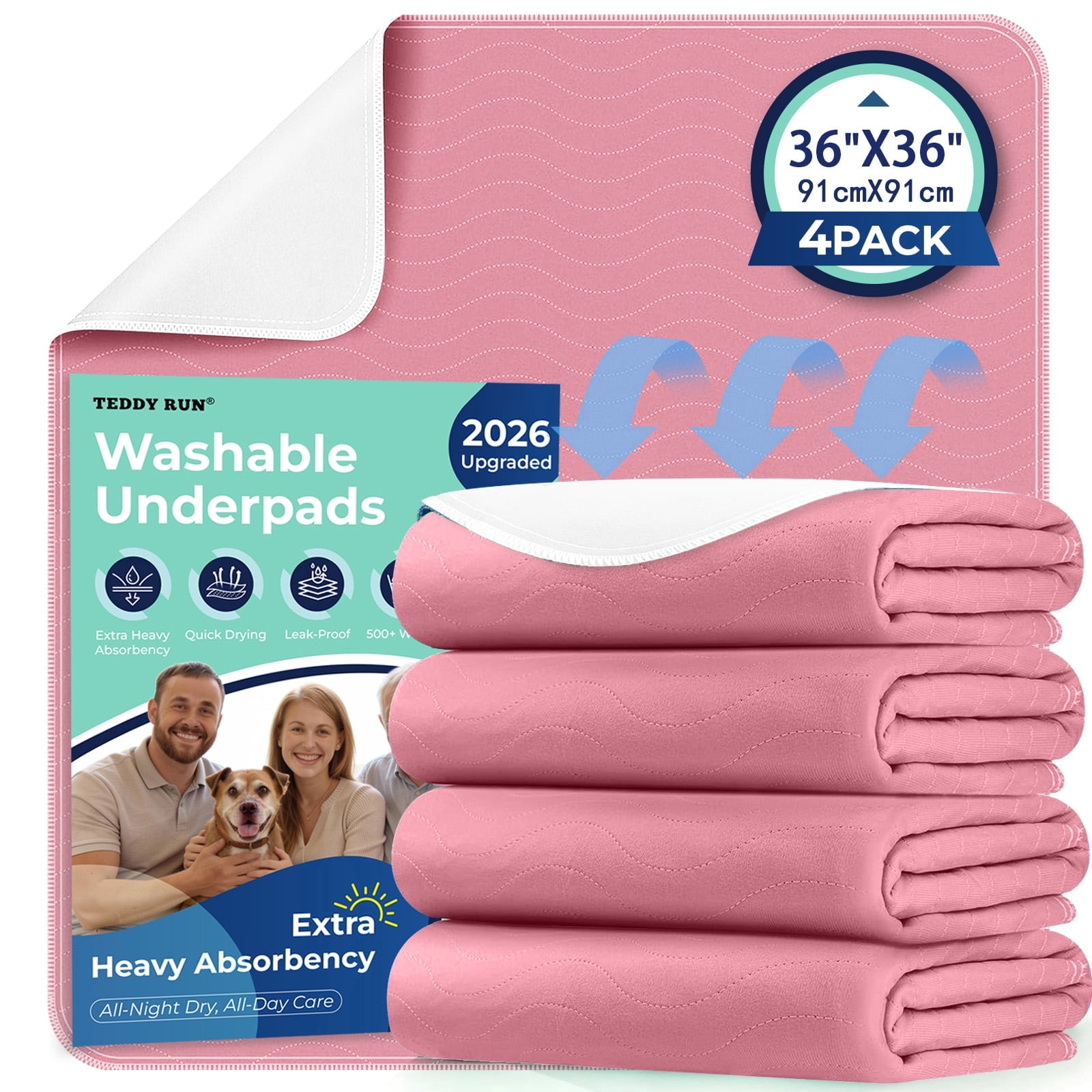 4pack 36” x 36” Extra Heavy Absorbency Washable Underpads, Waterproof Quick Drying Nursing Pads Incontinence Bed Pads, Reusable Washable Pee Pads for Dogs, Diaper Changing & Adults(Pink)
